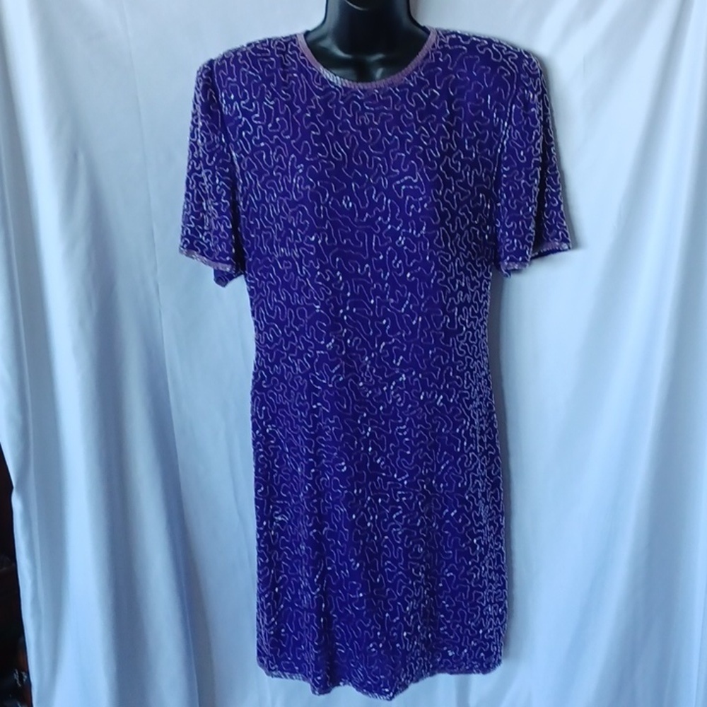 VTG Laurence Kazar Women's Sz L Silk Beaded Sheath Dress Short Sleeve Purple